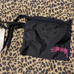 Stussy black nylon zipper pouch pink embroidery new NWT 7.5 x 6.75 STÜSSY